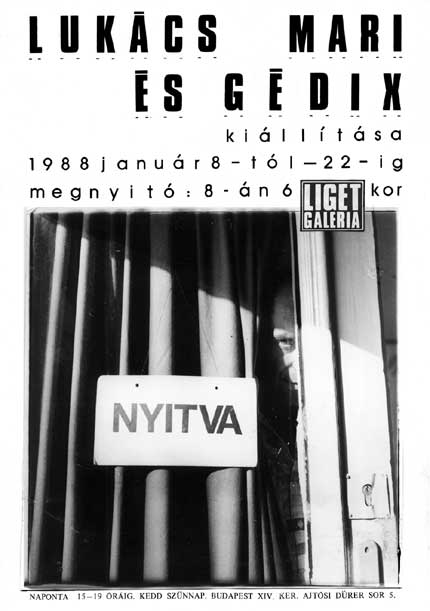 LUKÁCS MARI ÉS GÉDIX kiállításának meghívója, Liget Galéria, 1988. január 8.