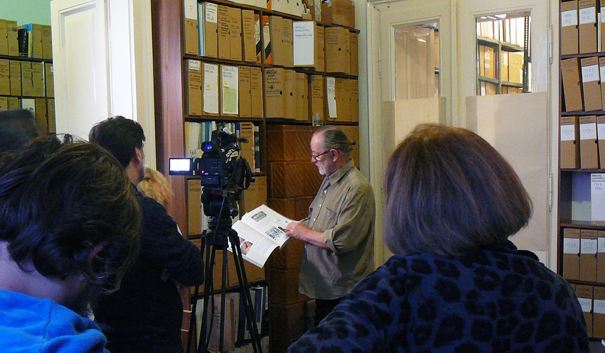 György Galántai at the shooting of the report, Artpool, Budapest, 2017.