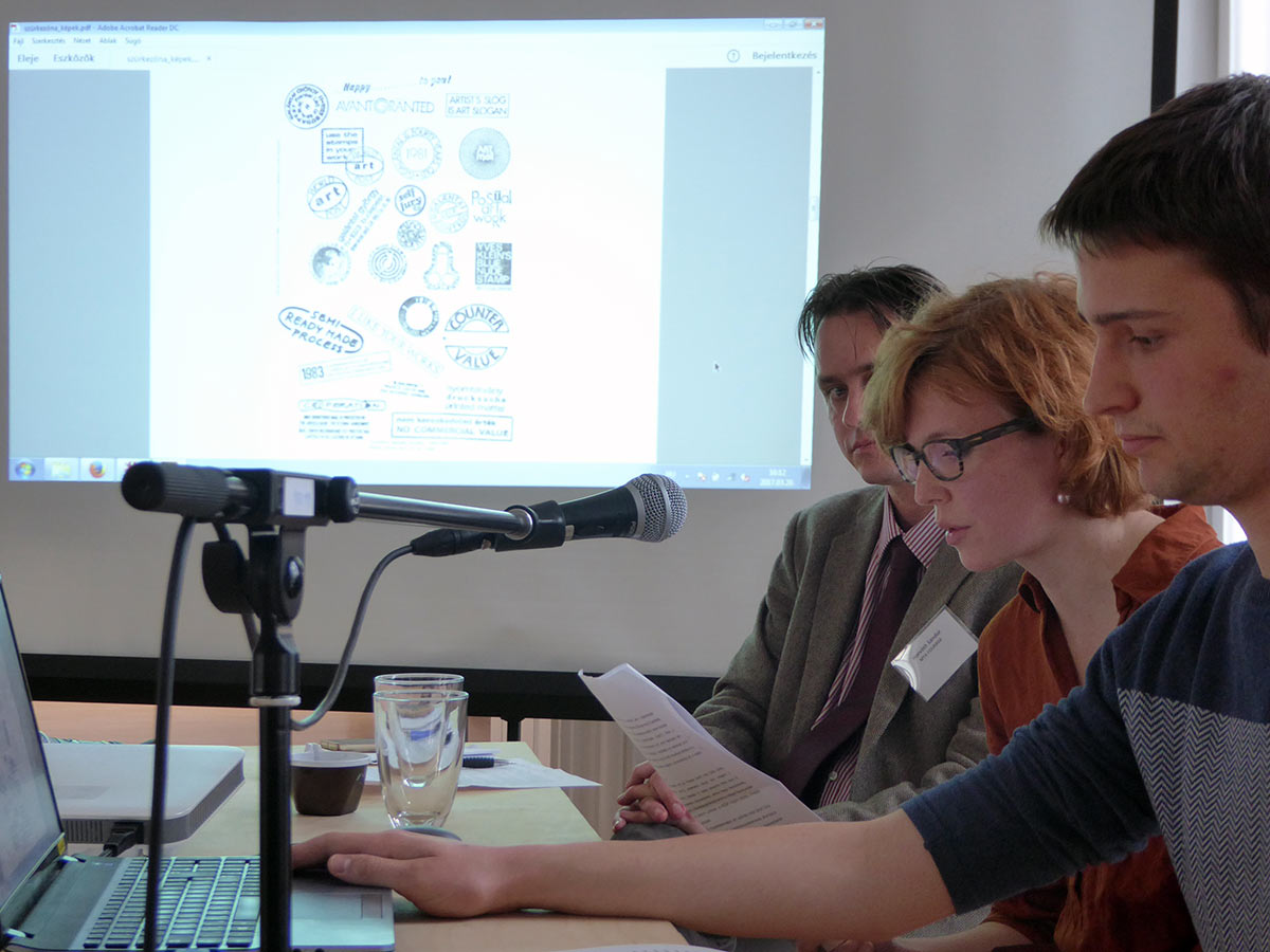 Sándor Horváth (COURAGE), Anna Szirmai and Kristóf Nagy (Artpool) at the conference, Kassák Museum, Budapest, 2017.