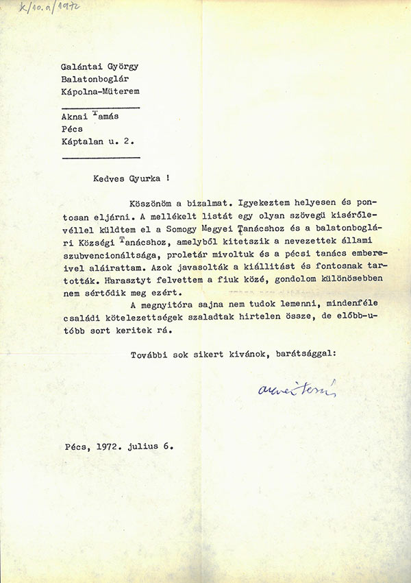 Aknai Tamás levele a balatonboglári Pécsi Műhely kiállításra engedélyezett művek listájával, 1972.