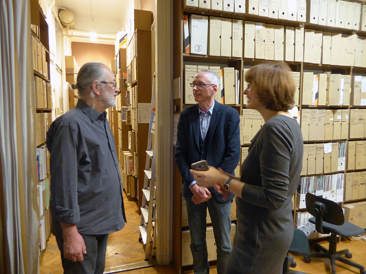 György Galántai, Andreas Broeckmann and Júlia Klaniczay, Artpool, Budapest, 2018.