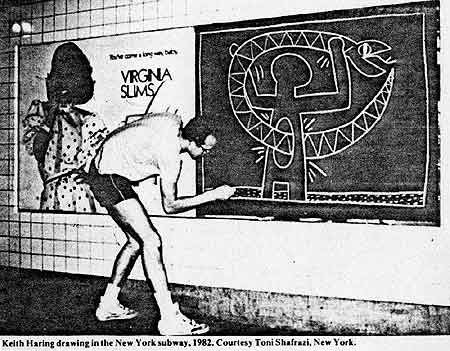 Keith Haring drawing in the New York subway, 1982.