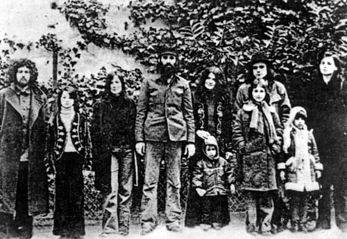 Squat Theatre company together in Paris, Place des Abbesses, Feb., 1976: from left, Peter Breznyik, Eszter Balint, Marianne Kollar, Peter Halasz, Anna Koos, Galus Halasz, Istvan Balint, Borbala Major, Rebeka Major, Eva Buchmüller