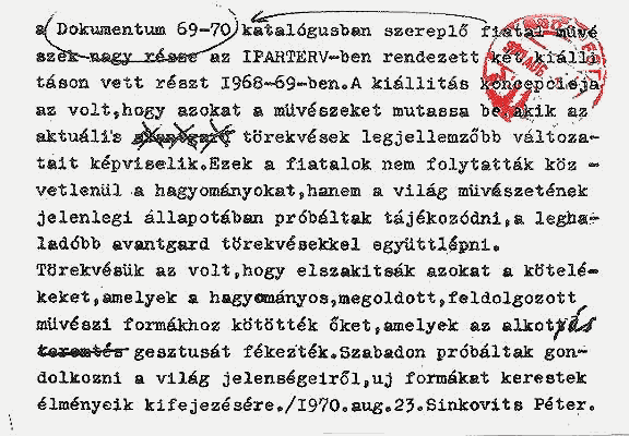 introduction to the Dokumentum 69-70 catalogue by Péter Sinkovits. 23 August 1970