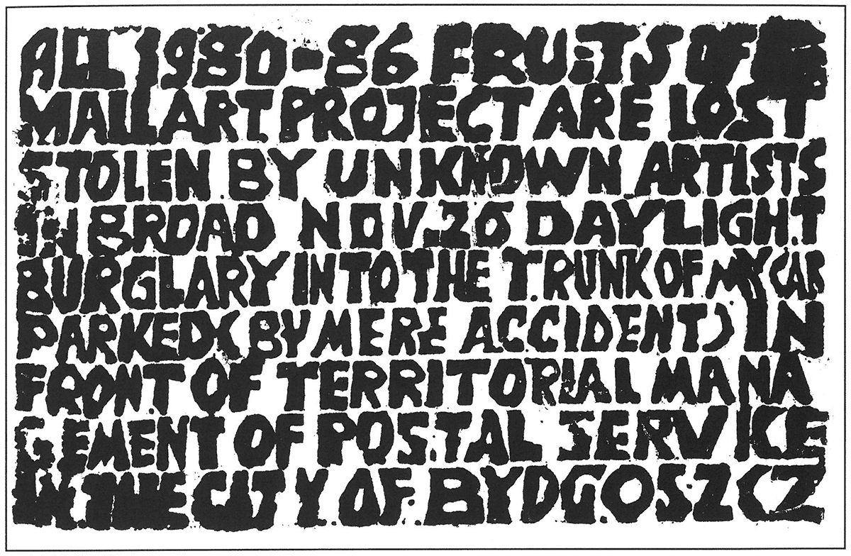 Pawel Petasz, Untitled [Cím nélkül], Lengyelország, 1987. Gumibélyegzővel készült üzenet.