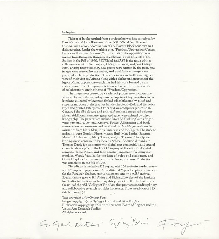 Colophon of PETRIfied forEAST, 1990.