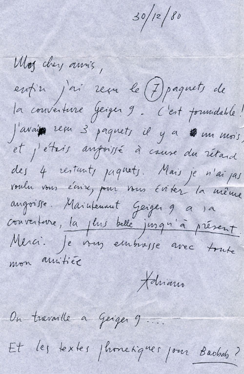 Letter by Adriano Spatola, 1980.